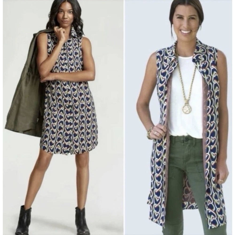 Cabi Navy Amour Hearts Sleeveless Midi  Dress XS Duster Travel Career Summer Sea
